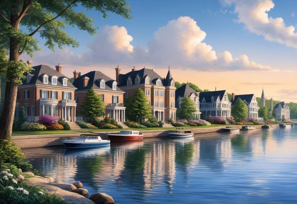 A serene waterfront scene with elegant homes lining the Ottawa River, surrounded by lush greenery and a tranquil atmosphere