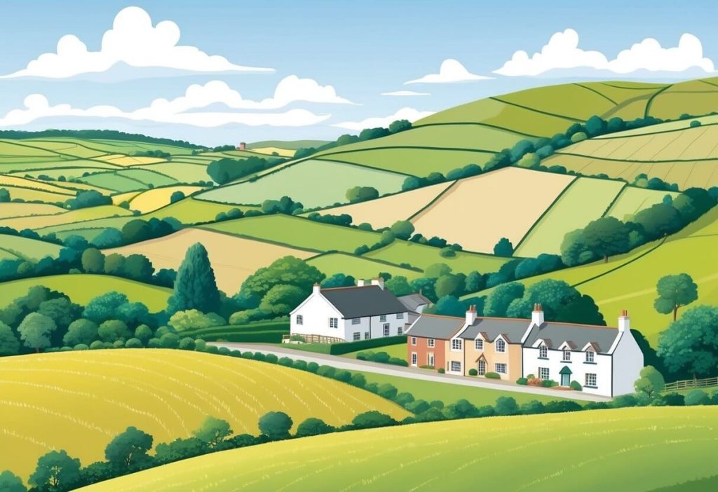 A peaceful countryside landscape with rolling hills, green fields, and charming rural homes in North Gower